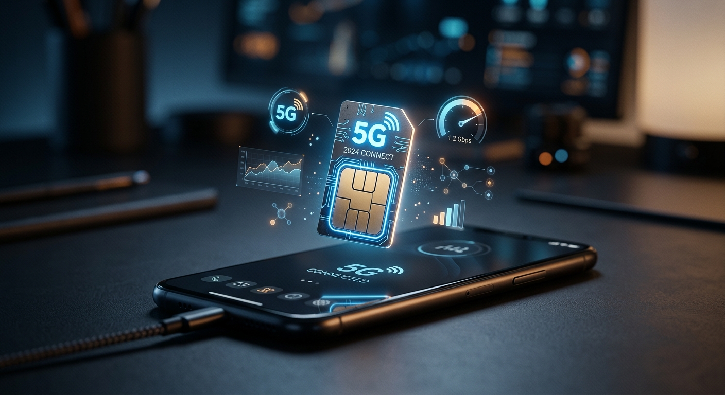 כרטיס SIM דיגיטלי עם הכיתוב 5G מעל סמארטפון ונתוני רשת